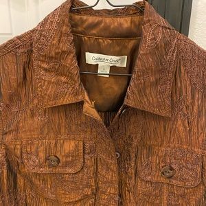 Coldwater Creek Ladies Brown Embroidered Button Down Crop Jacket - S - EUC